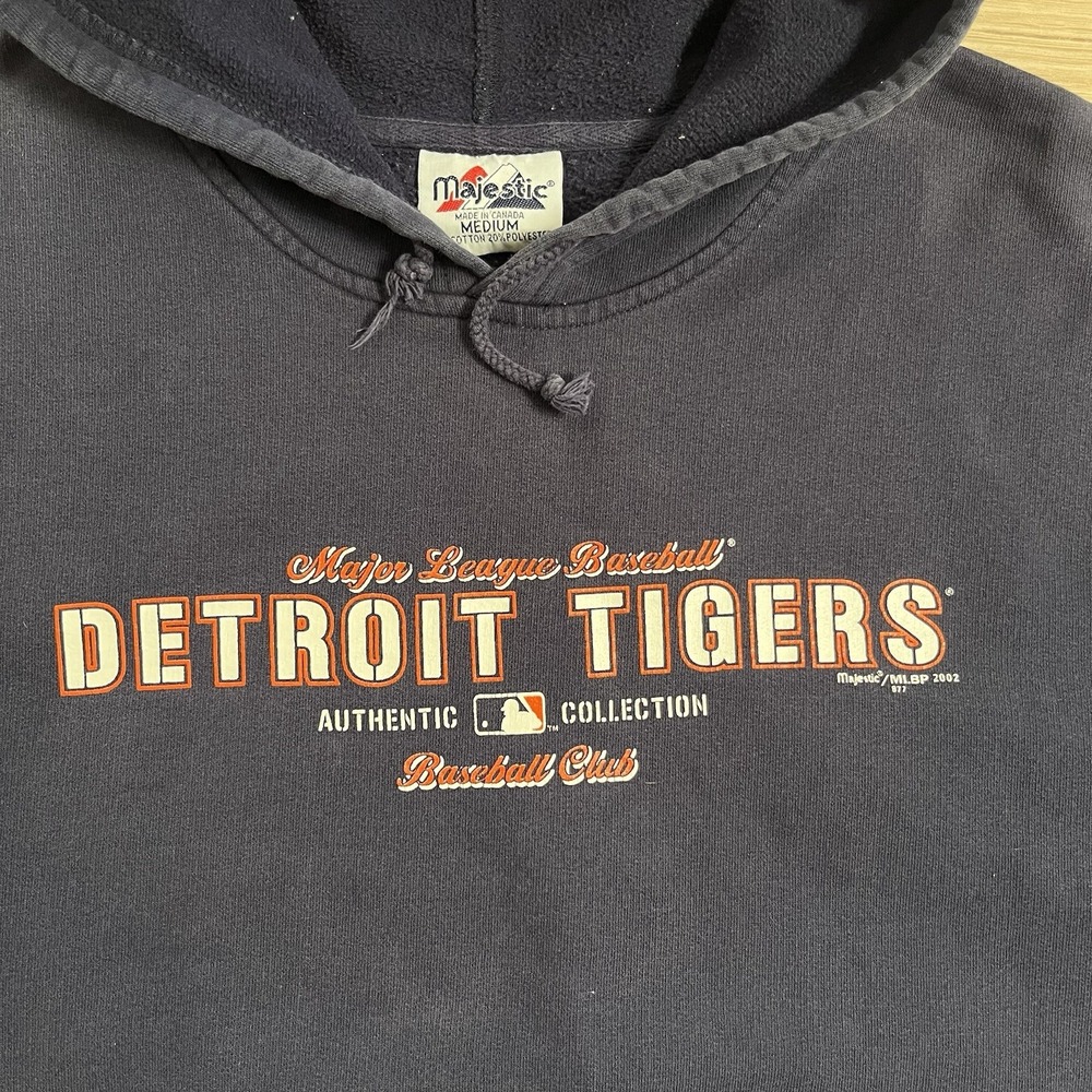 Vintage MLB Detroit Tigers Majestic Navy Blue Mens Medium Hoodie 2002 - Picture 5 of 12